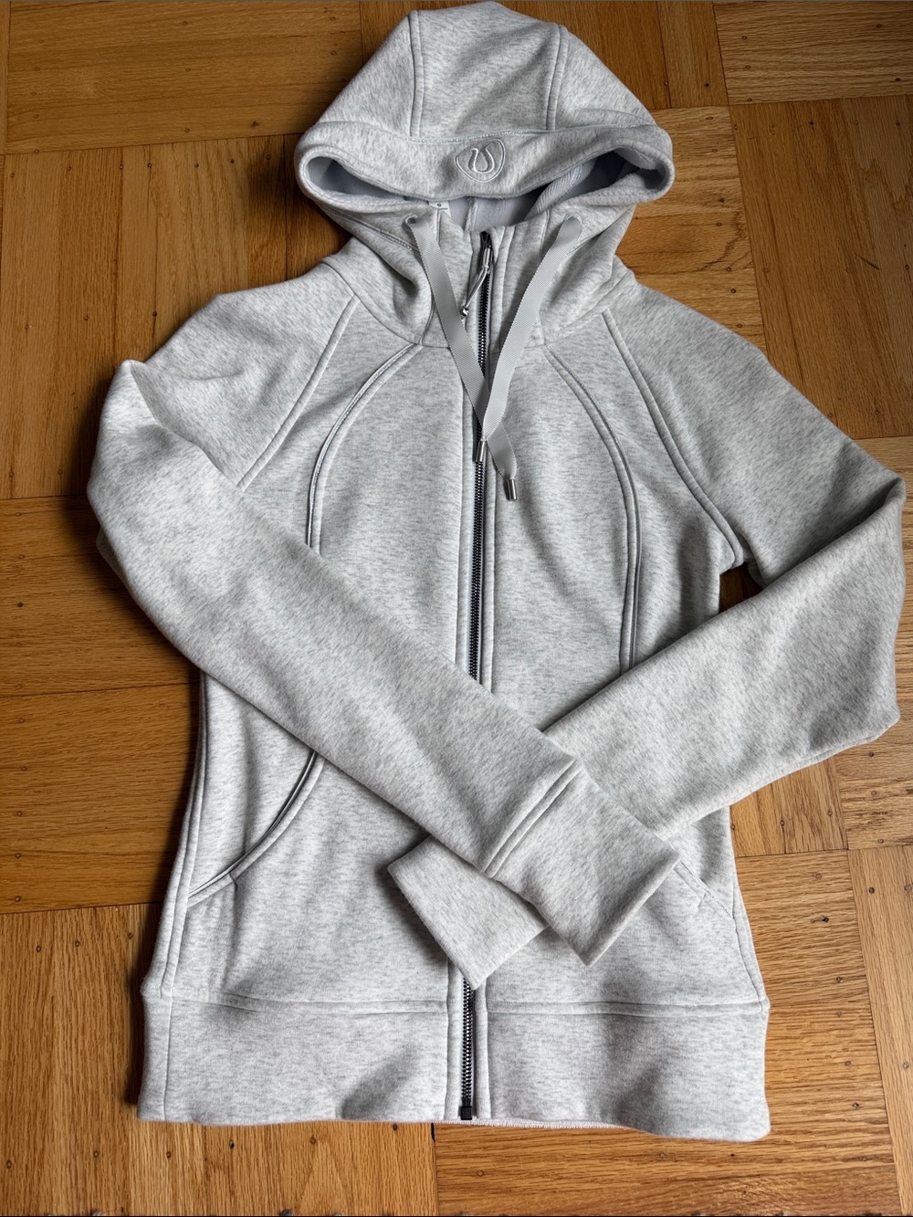Lululemon Light Heathered Gray Scuba with Silver Sparkle Piping Zip-Up Hoodie!!